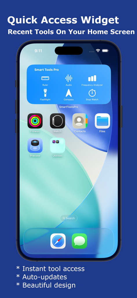 Widget de acceso rápido de Smart Tools Pro en la pantalla de inicio de un iPhone que muestra atajos de herramientas.
