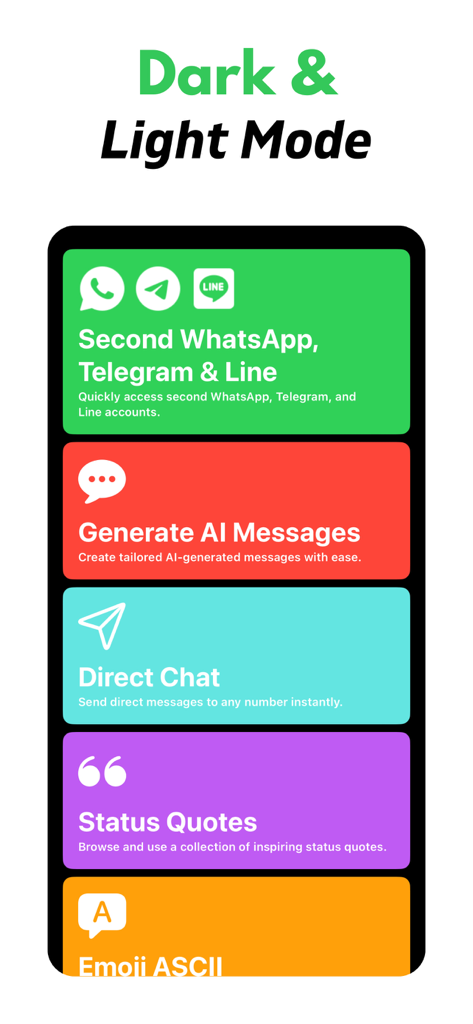 Lista de funciones de Messenger para WhatsApp Duo que muestra la generación de mensajes con IA y las herramientas de chat directo