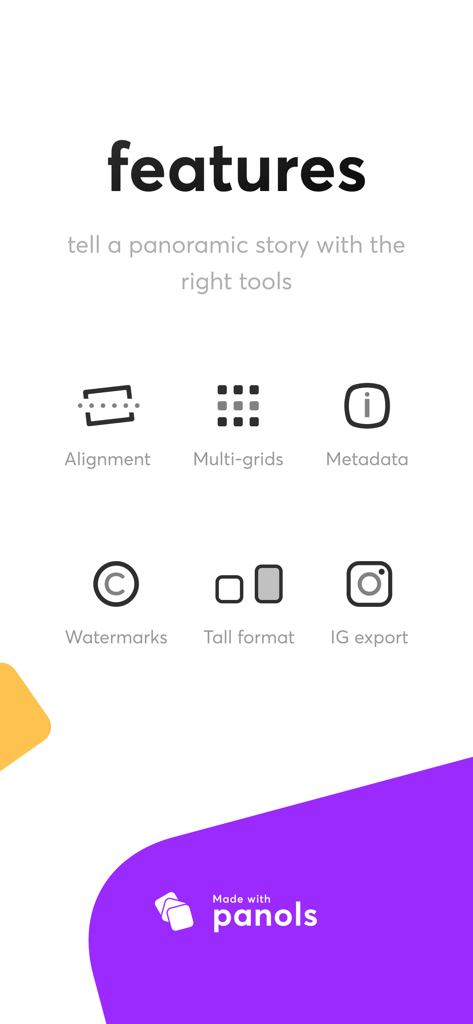 Panols - A summary of Panols app features including multi-grids metadata watermarks and Instagram export options.