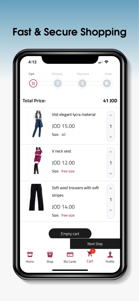 Vikik - Tela do carrinho de compras do aplicativo móvel Vikik mostrando itens de vestuário e preço total em um iPhone