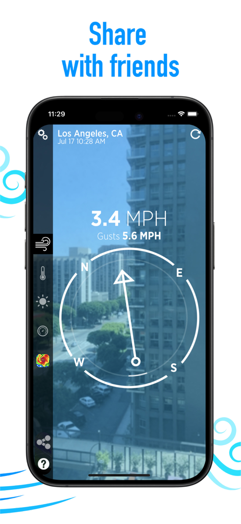 Application Wind Compass montrant la vitesse et la direction du vent en temps réel sur une vue de caméra en direct