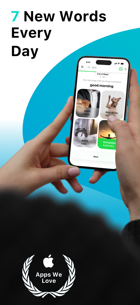 Eine Person benutzt ein iPhone, um griechische Vokabeln mit dem täglichen Wortquiz der LENGO-App zu lernen