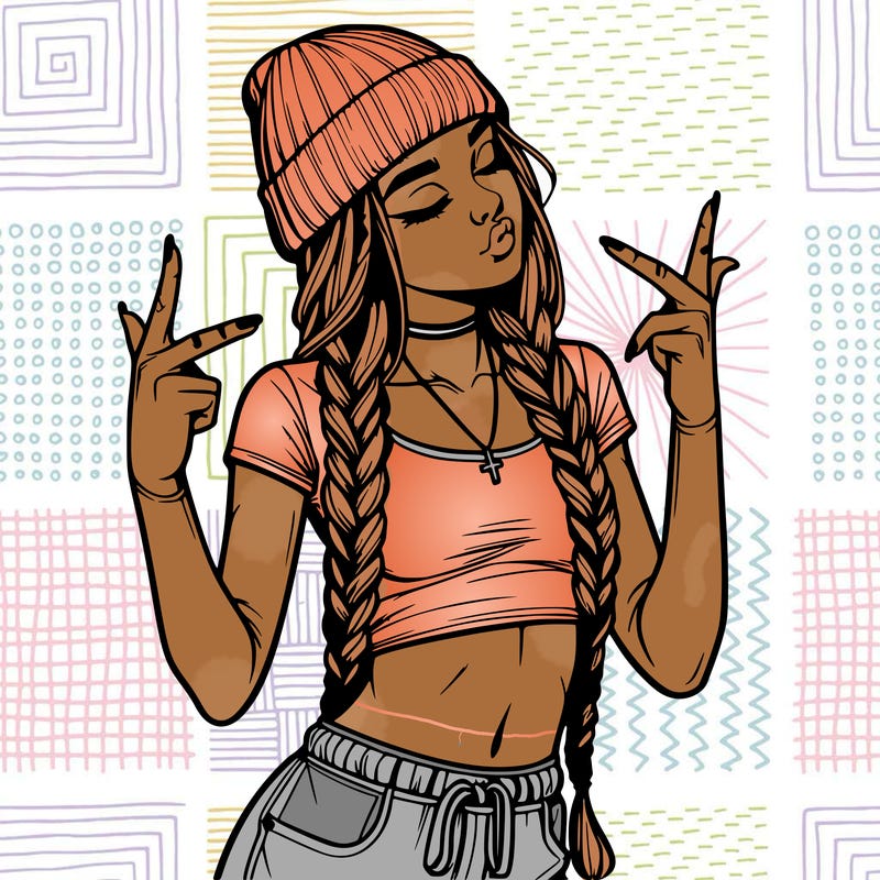realistic teenage girl with braids and a beanie and crop top doing 🫶🏼
