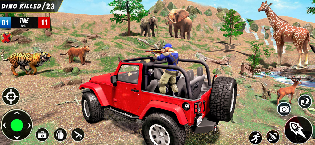 Wild Hunter 3D: Shooting Games - A sniper aiming from a red jeep at safari animals in a mountain landscape in Wild Hunter 3D.