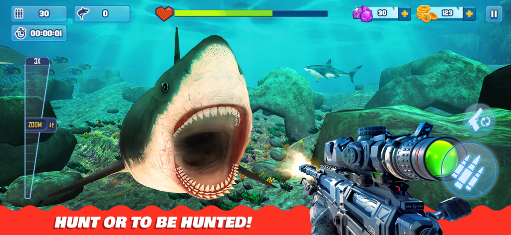 Shark Hunting Games: Sniper 3D - First person sniper view of a great white shark attacking underwater in Shark Hunting Games Sniper 3D