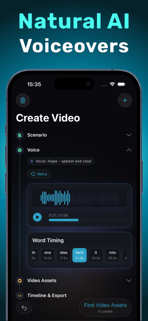 OneClip mobile app interface showing natural AI voiceover selection with audio waveform and word-level timing synchronization.