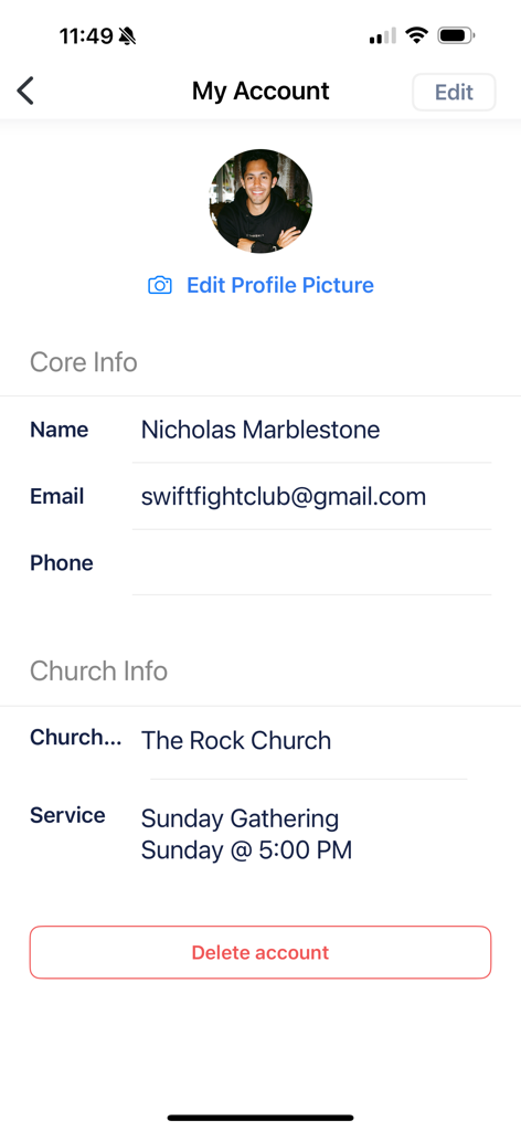 Church App - Tithe.ly - User account profile screen in the Tithely Church App displaying personal information and church affiliation.