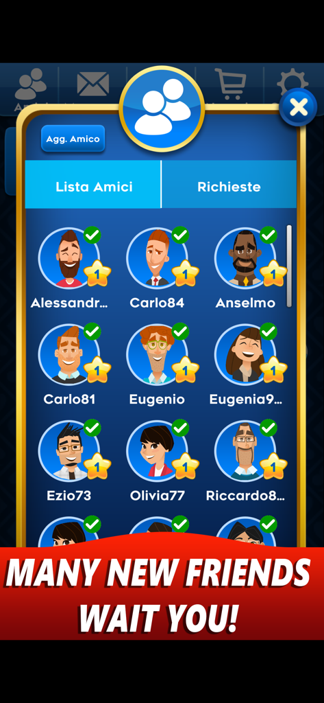 Freundesliste im Scopa Online, die eine Community von Spielern mit Cartoon-Avataren zeigt