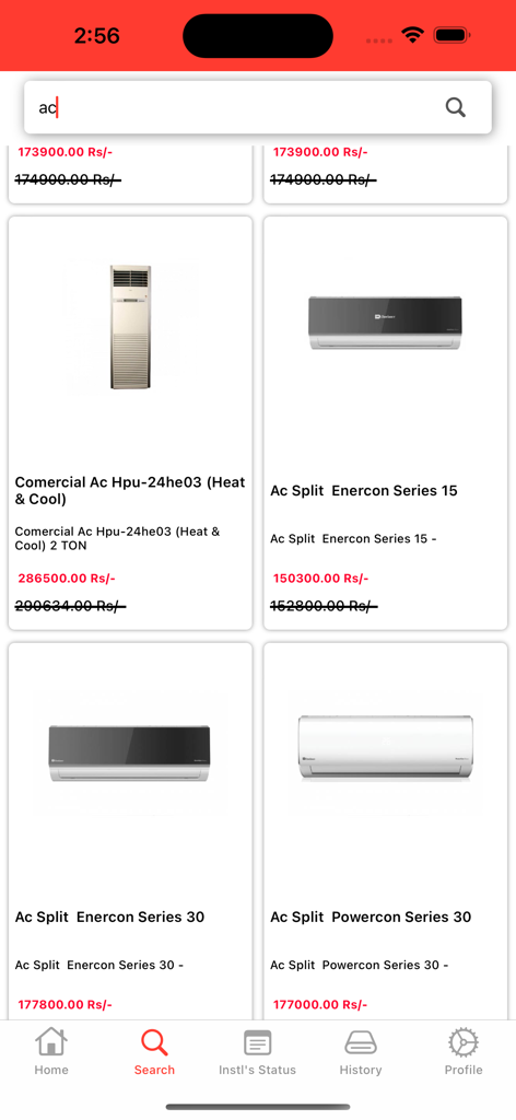 Mobile app interface showing search results for air conditioners with prices and installment details.