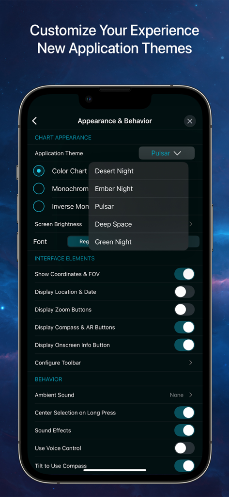 SkySafari 8 Plus - SkySafari 8 Plus app settings menu showing application theme customization options.