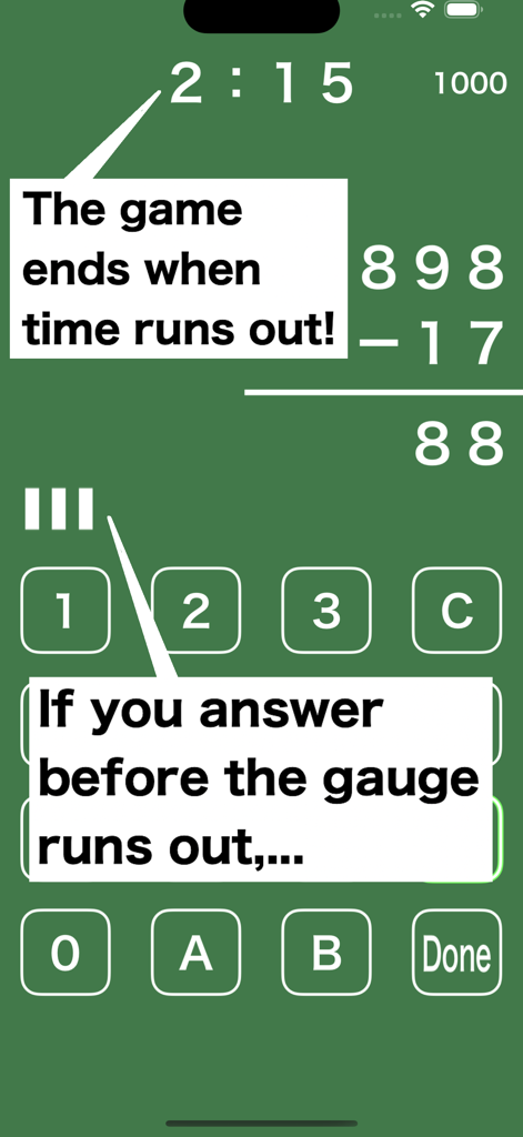 Math quiz / Calculator quiz - Math quiz game interface showing a subtraction problem and a countdown timer