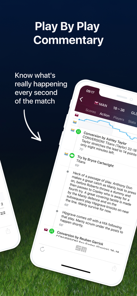 Mobile app screenshot showing live play by play commentary for an NRL rugby match