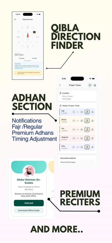 Quran Majeed NUR AI & Tafsir - Quran Majeed app interface showing Qibla finder prayer times and premium reciters