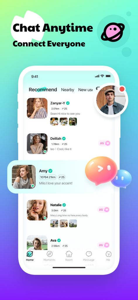Timo Club app interface displaying recommended user profiles for social chatting.