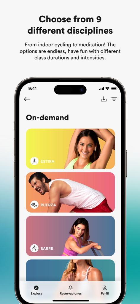 iPhone screen displaying the Síclo app on-demand menu with categories for stretching, strength, and barre classes.