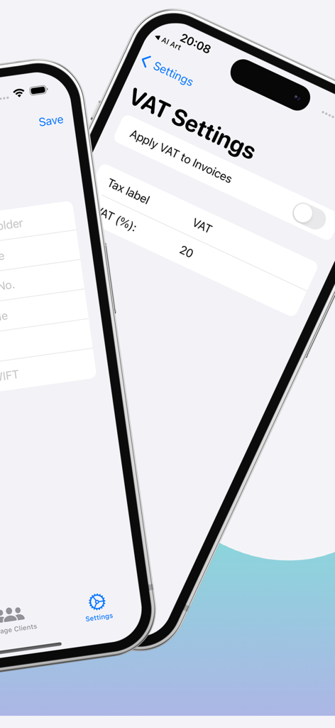 Interface do aplicativo Criador de Faturas mostrando a tela de configurações de IVA com opções de rótulos de impostos e porcentagens.