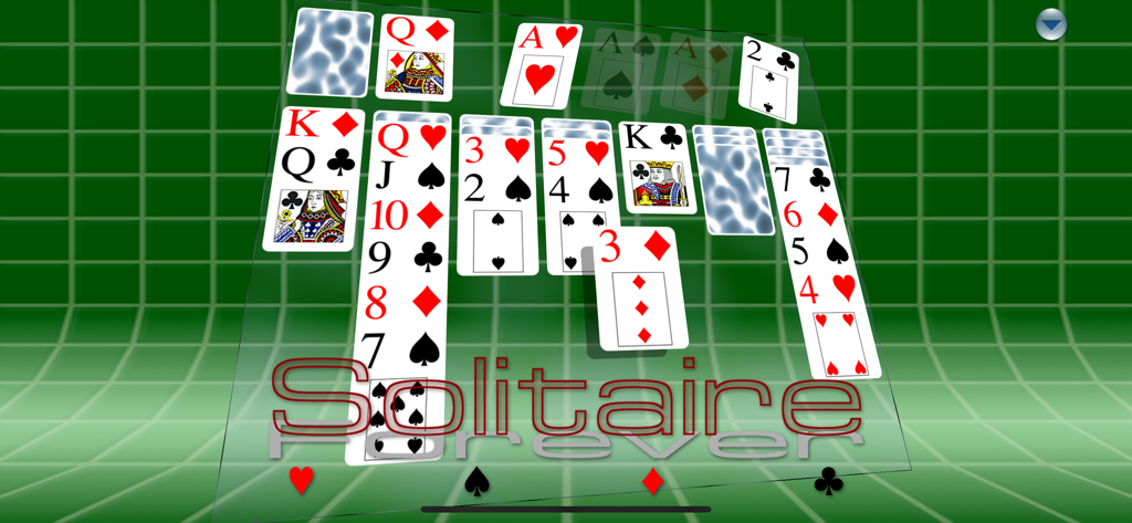 Solitaire Forever - A 3D perspective view of a solitaire card game in progress on a green grid background