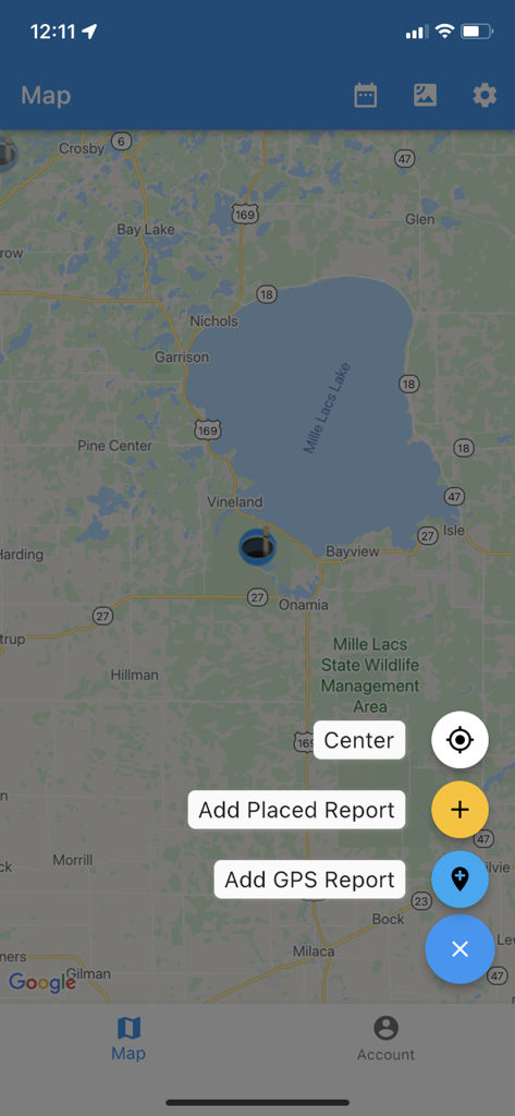Map view of Mille Lacs Lake in the Ice Report app with menu buttons to add an ice thickness report