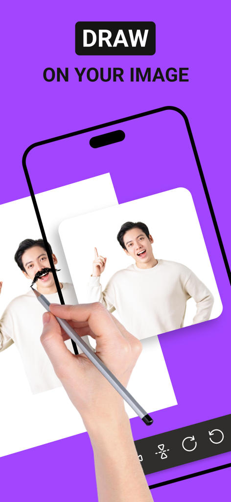 A hand using a stylus to draw a mustache on a photo within the FlipArtify animation app interface.