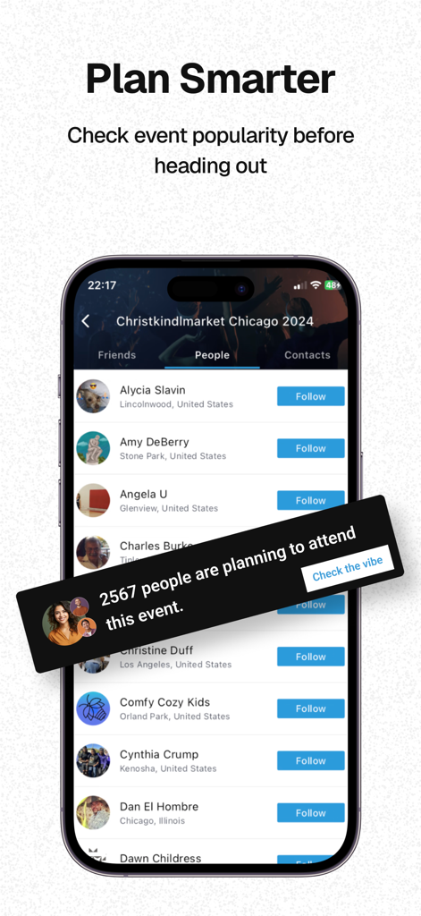 A smartphone showing the AllEvents app interface with a list of people attending an event and a social proof notification stating thousands are planning to attend.
