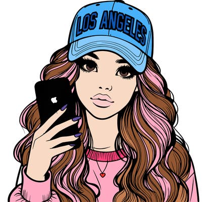 realistic beautiful girl wearing los ángeles cap holding an iphone