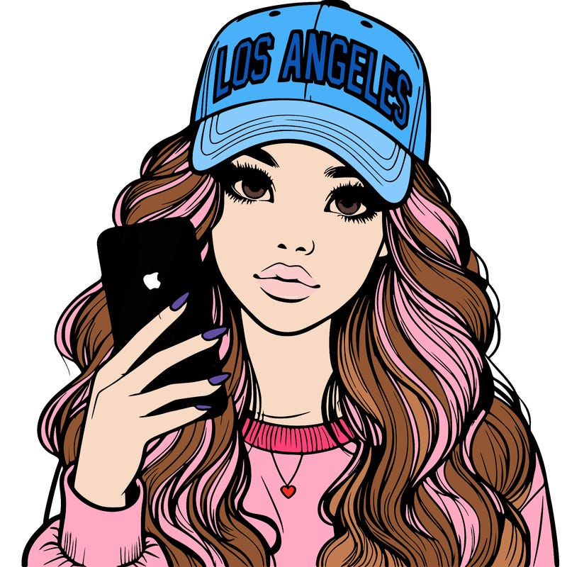 realistic beautiful girl wearing los ángeles cap holding an iphone