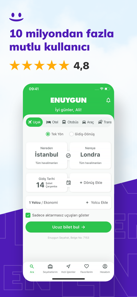 ENUYGUN: Uçak Otel Otobüs Araç - Mobile App-Oberfläche von Enuygun für die Flug- und Hotelbuchung, die eine Flugsuche von Istanbul nach London zeigt