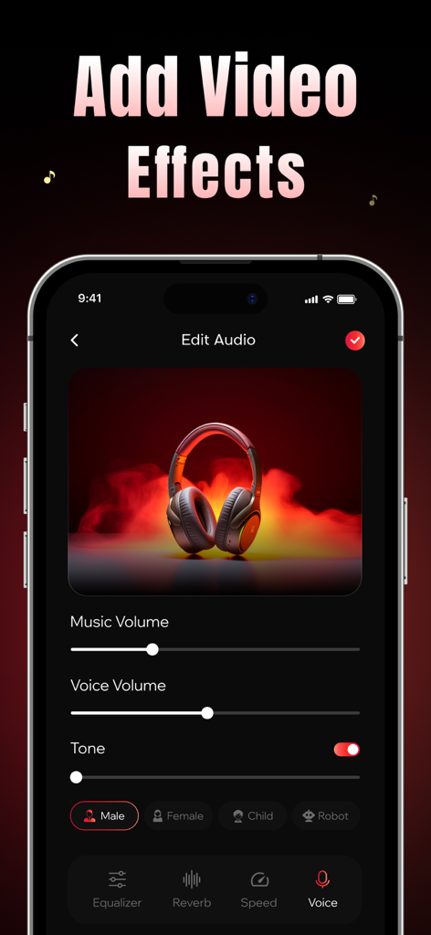 AI Rap Song Maker - Rap Music - Smartphone screen showing the audio editing interface of the AI Rap Song Maker app with voice filters and volume controls