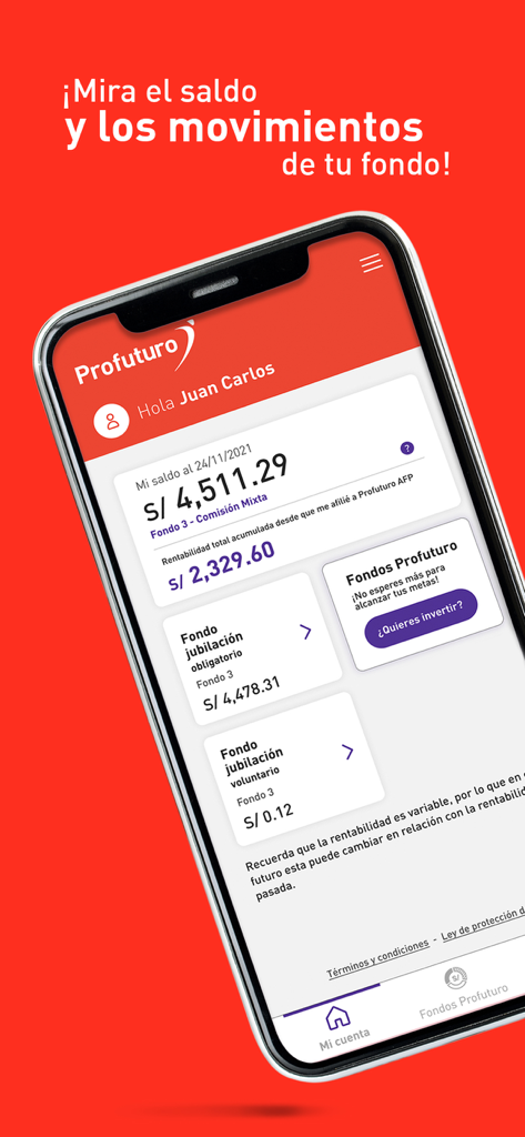 Profuturo AFP - Profuturo AFP mobile app dashboard showing retirement fund balance and movements in Spanish