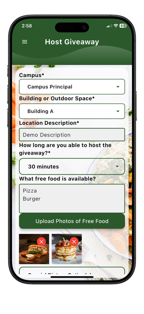 Bildschirm zum Hosten einer Verlosung in der Food Alert On Campus App zum Teilen von kostenlosem Essen