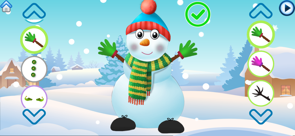 Snowman character customization in a festive toddler game