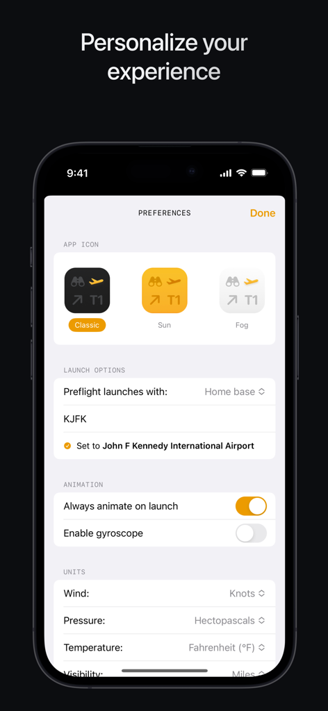 Airports. - Pantalla de preferencias de la aplicación Aeropuertos que muestra opciones de personalización para iconos y unidades de medida.