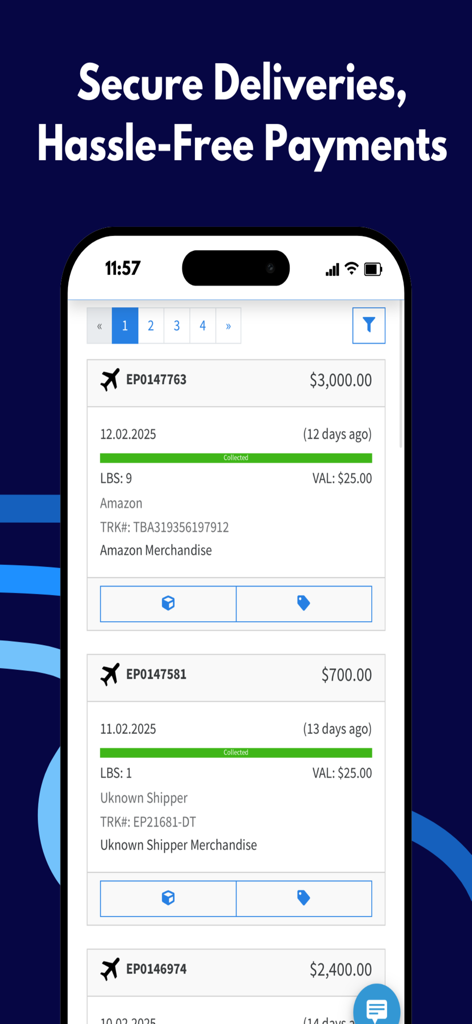 Easiparcel - Easiparcel App-Dashboard mit einer Liste verfolgter Pakete mit Sendungsstatus und Lieferkosten