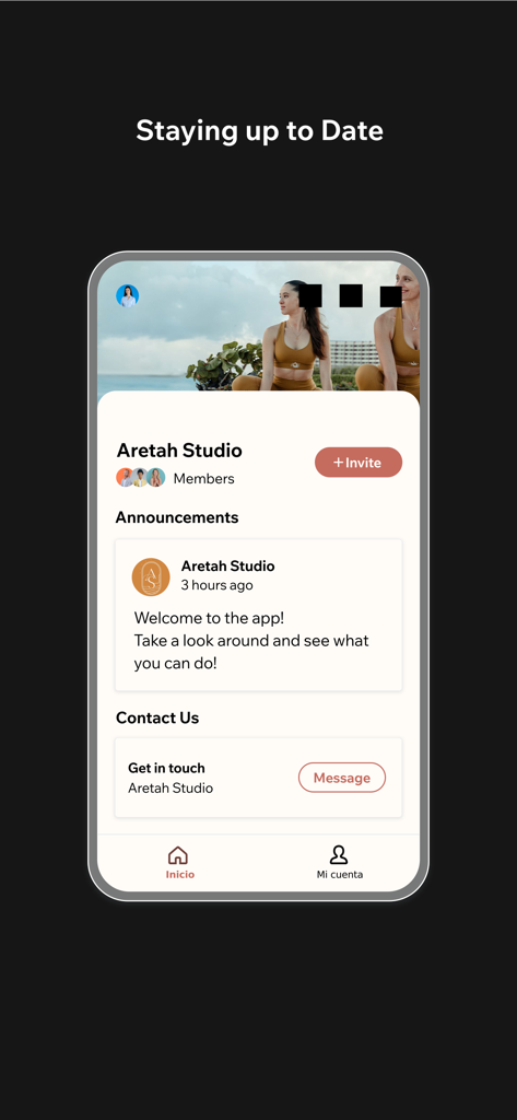 The Aretah Studio app interface displaying the announcements and contact sections.