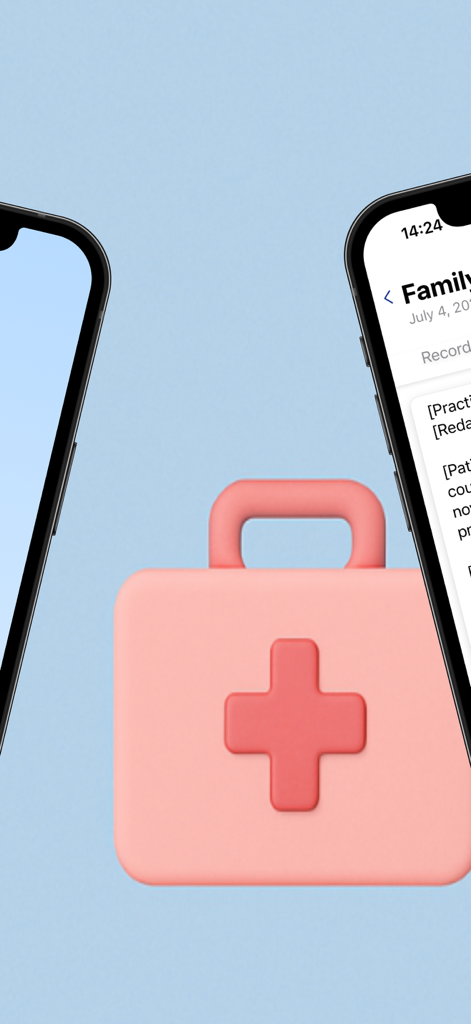 Docscribe - AI Medical Scribe - Interfaz de la aplicación Docscribe del asistente médico IA en un iPhone junto a un ícono de bolsa médica