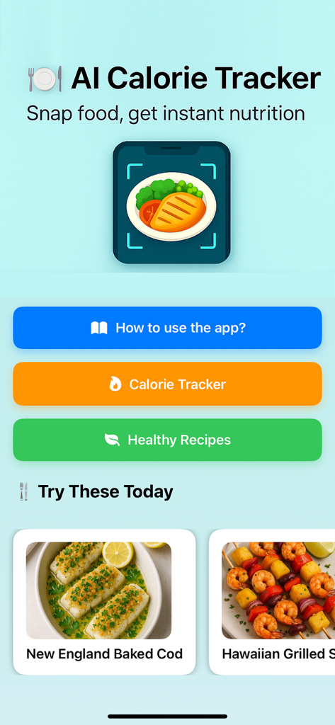 Calorie Tracker AI Food Track - Der Startbildschirm der KI-Kalorien-Tracker-App mit Schaltflächen für das Scannen von Lebensmitteln und gesunde Rezepte