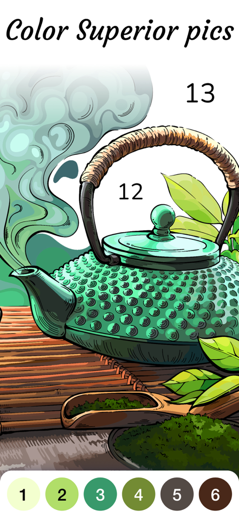 Zen Color - Color By Number - Zen Colorアプリのインターフェース。お茶の葉が付いた伝統的な日本の急須の、詳細な数字で塗り絵の絵が表示されています。