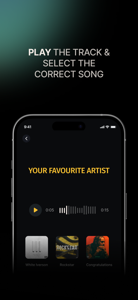Muzify Inc - Muzify app interface showing a music quiz where users select the correct song for their favorite artist.