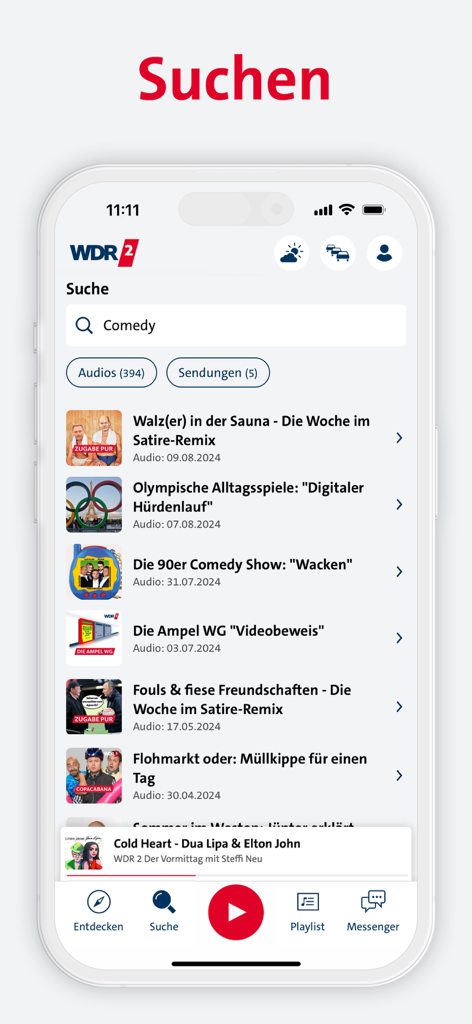 WDR 2 app search screen displaying results for comedy audio clips