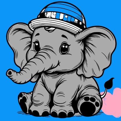 a baby elephant with huge heats and a little hat realistic