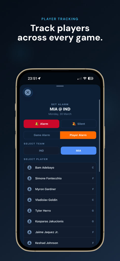 Clutch Alarm - Clutch Alarm mobile app interface for setting custom NBA player notifications and tracking.