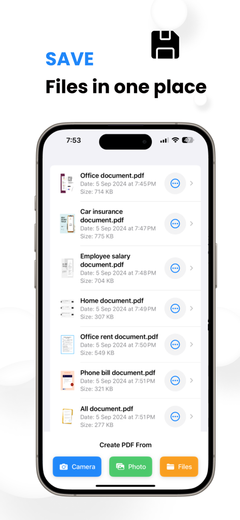 Photo To PDF Convertor Pro: AI - Saved PDF document list in Photo To PDF Convertor Pro mobile app.