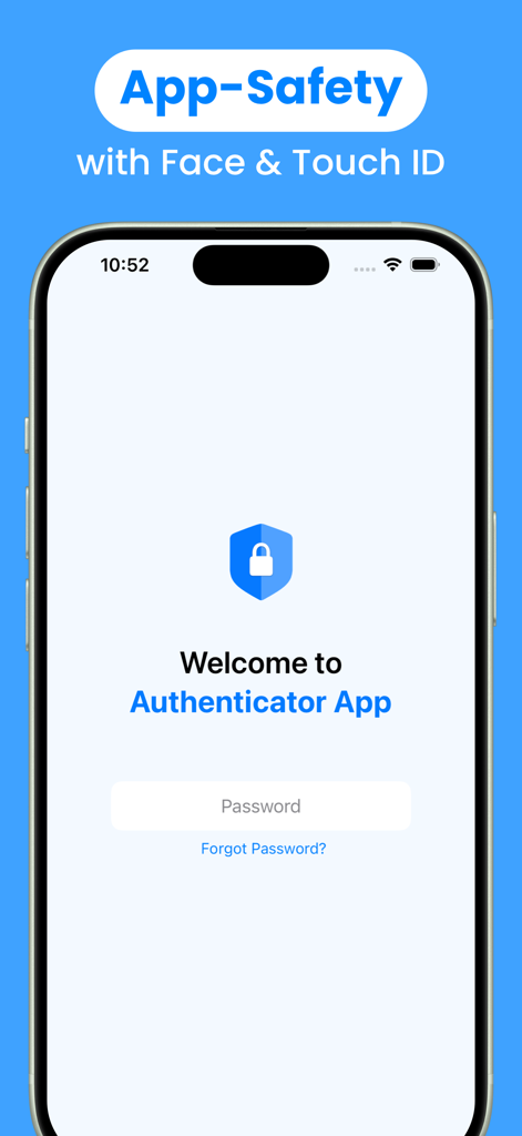 Authenticator App · 2FA - Authenticator App login screen highlighting app safety with Face and Touch ID integration