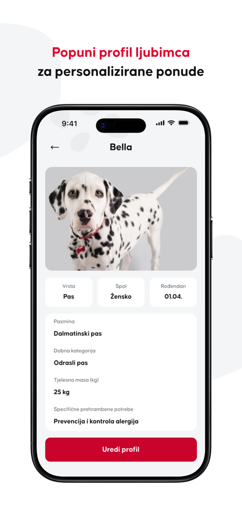 Pet centar HR - Pet centar HR mobile app pet profile screen for a Dalmatian dog.