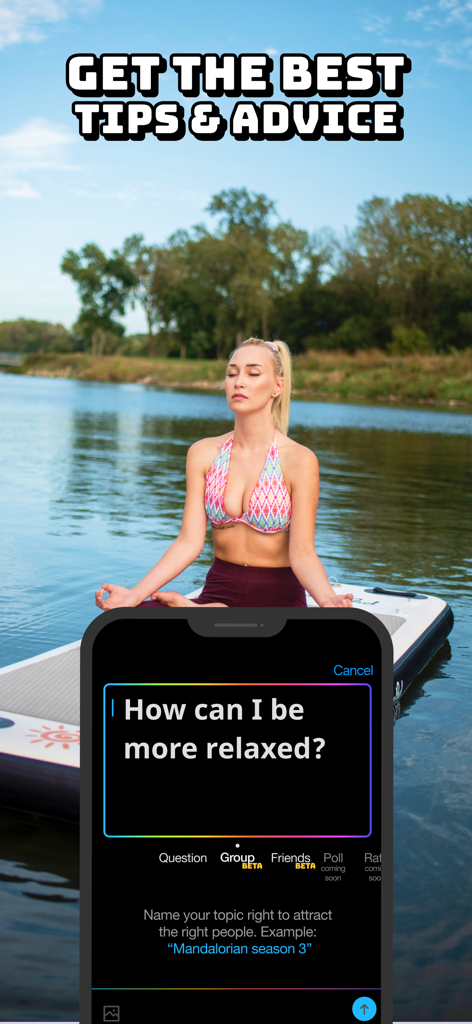 A woman meditating on a paddleboard with a Superfy app question about how to be more relaxed