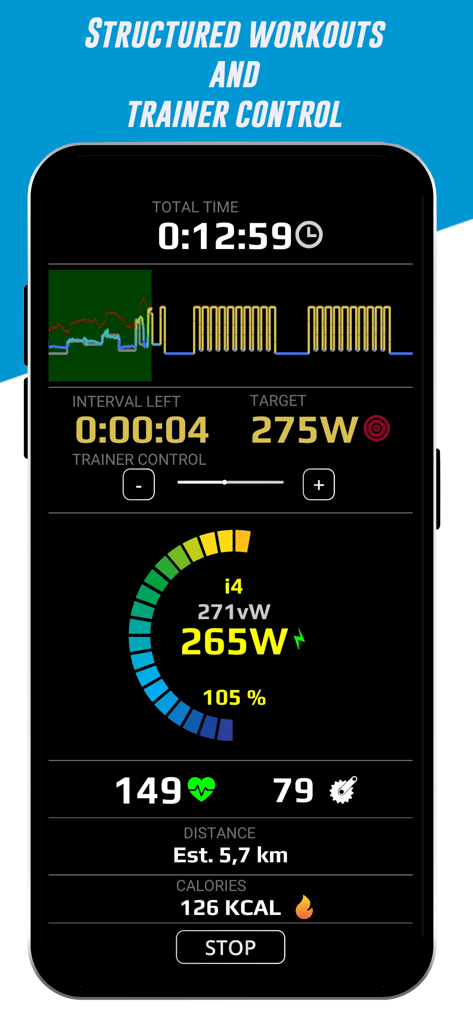 HR2VP Bike Training & Tracker - Mobile interface for structured bike training showing power and heart rate metrics