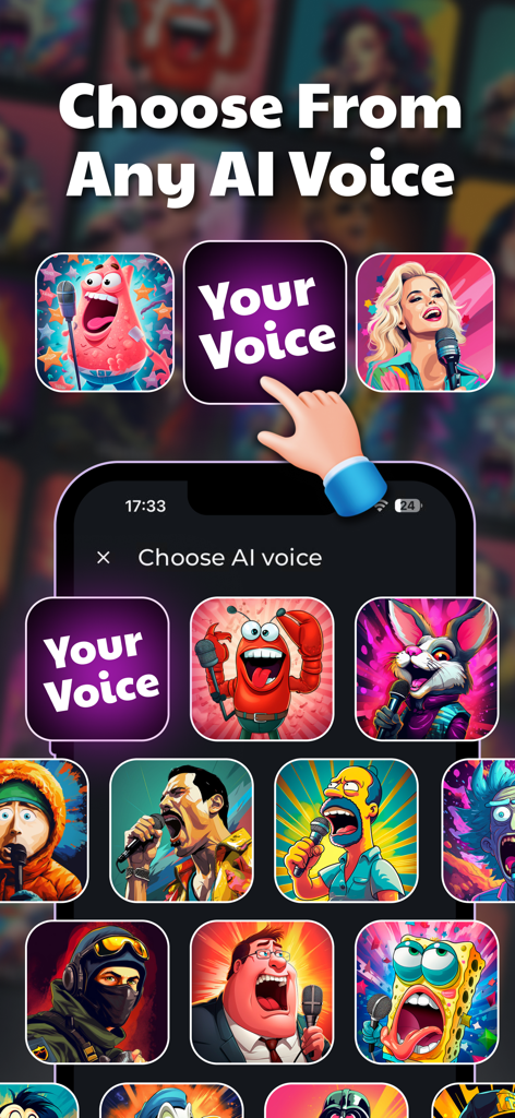 Pantalla de la aplicación móvil que muestra una selección de voces de personajes IA y una opción de voz personalizada para portadas de música