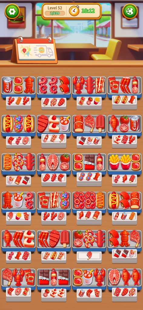 Grill Sort mobile game screen with colorful food items on sorting trays
