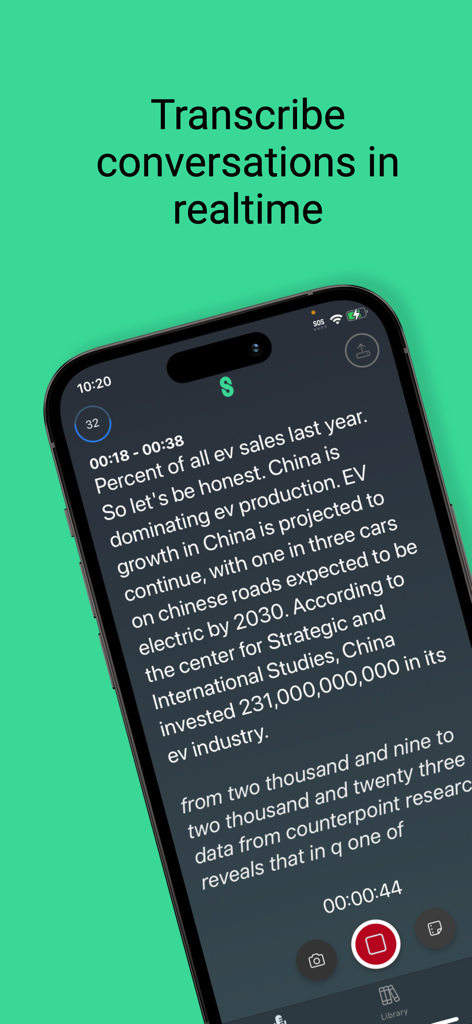 Stenote: AI Audio to Text - Interfaz de la aplicación Stenote en un iPhone que muestra la transcripción de audio a texto en tiempo real de una conversación.