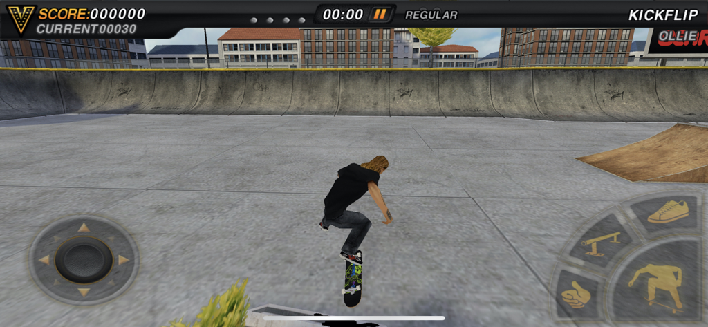 Skateboard Party - A skater performing a kickflip trick in an urban skatepark bowl in the Skateboard Party mobile game.